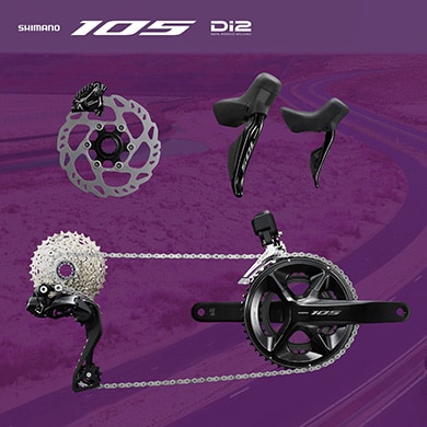 Shimano 105 Di2 bike components including shifters, crankset, cassette, derailleur, and brake rotor.