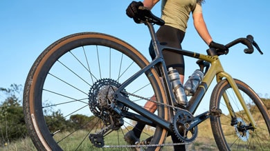 Cyclist standing with a high-end bicycle on a scenic trail