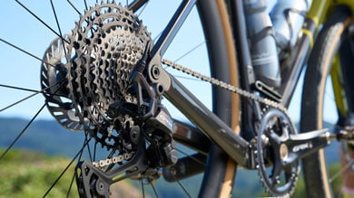 Close-up of a bicycle's rear derailleur and cassette