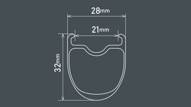 Cross-sectional diagram of an object with measurements: 28mm width, 21mm inner width, and 32mm height