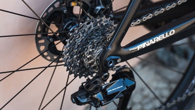 Close-up of a Pinarello bicycle rear derailleur and cassette