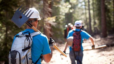 Two workers in hard hats and backpacks carrying tools in a forest