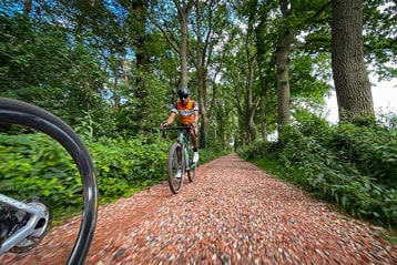 Fietser op een grindpad door een weelderig groen bos.