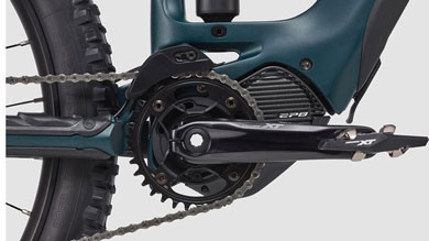 Close-up of a bike crankset with chainring and Shimano Deore XT components