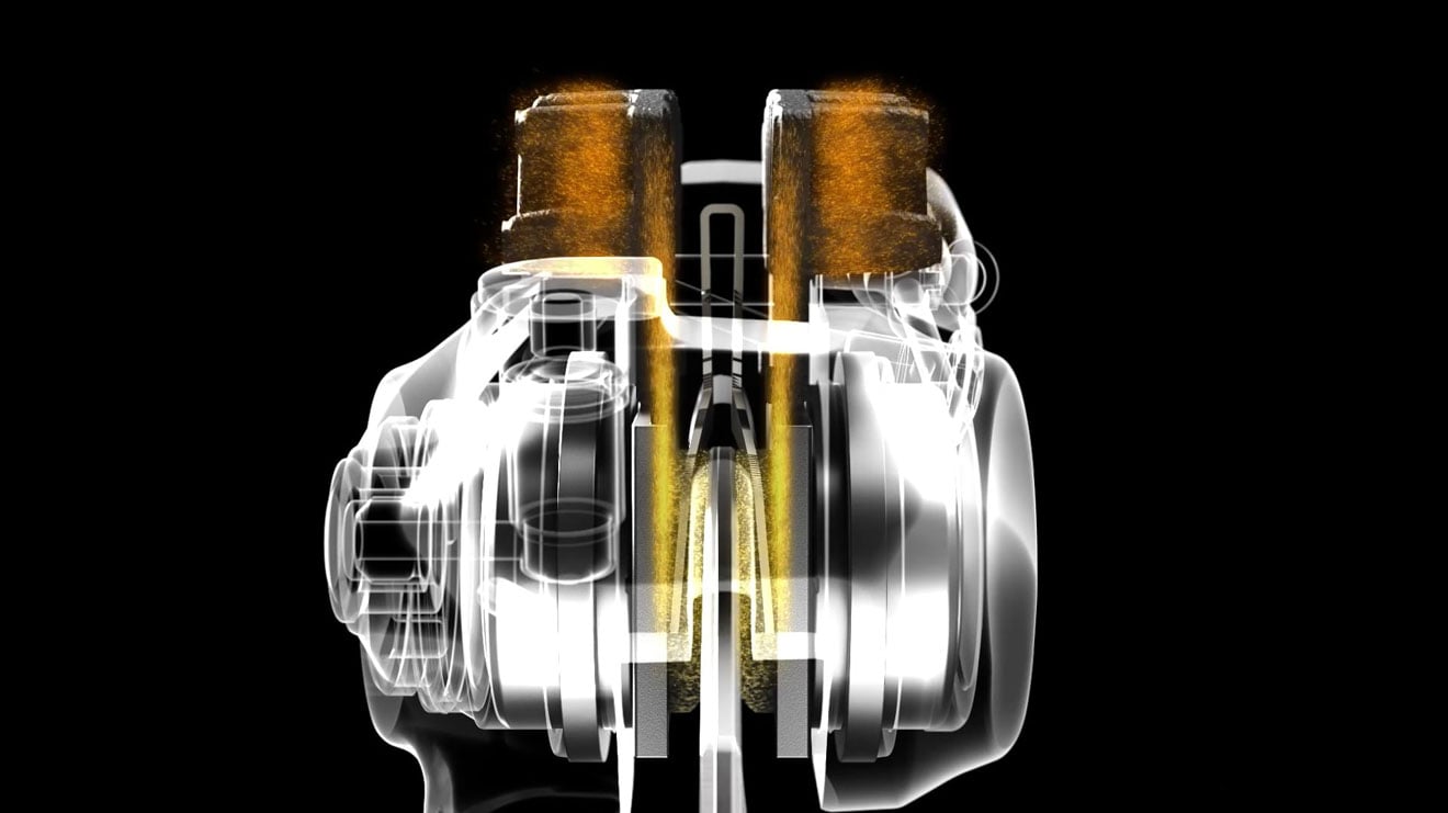 X-ray view of an internal combustion engine with highlighted components and exhaust flow