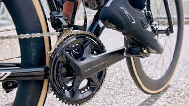 Cyclist with foot on pedal of a Shimano Ultegra crankset