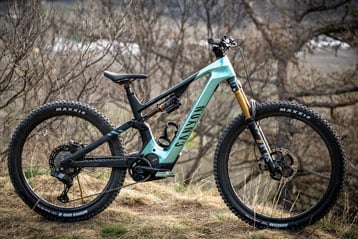 Canyon-Mountainbike auf grasigem Gelände, umgeben von blattlosen Bäumen.