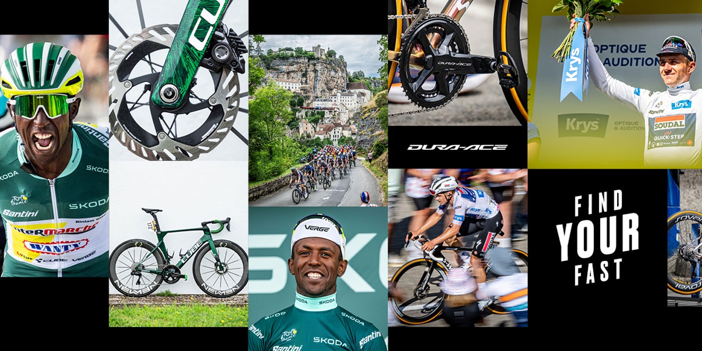 Collage d'images de cyclisme professionnel avec vélos, coureurs et texte "Find Your Fast"