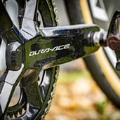 Close-up van Dura-Ace fietscrankstel en pedaal