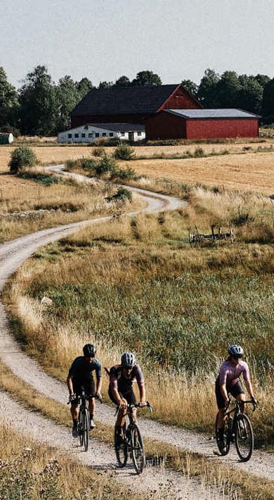 Three cyclists riding on a dirt path through a rural landscape with fields and farm buildings