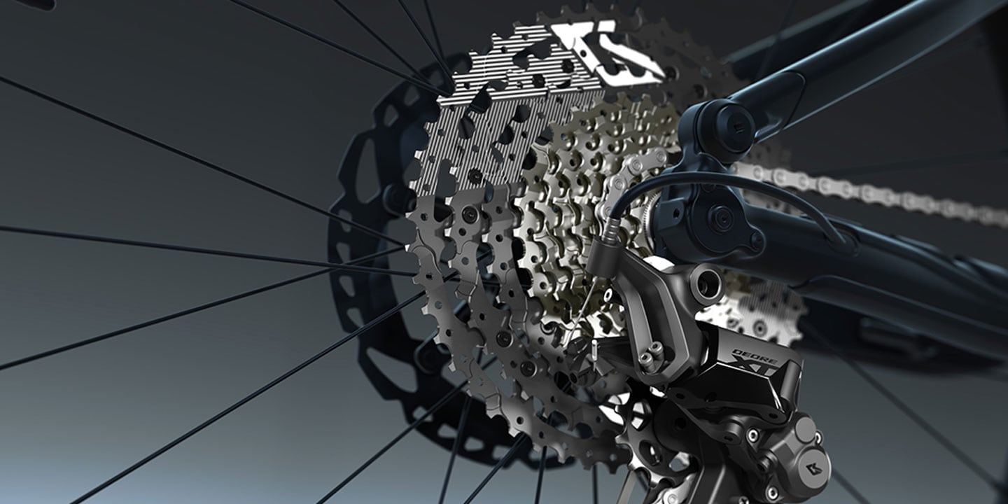 Close-up of a mountain bike's rear derailleur and cassette