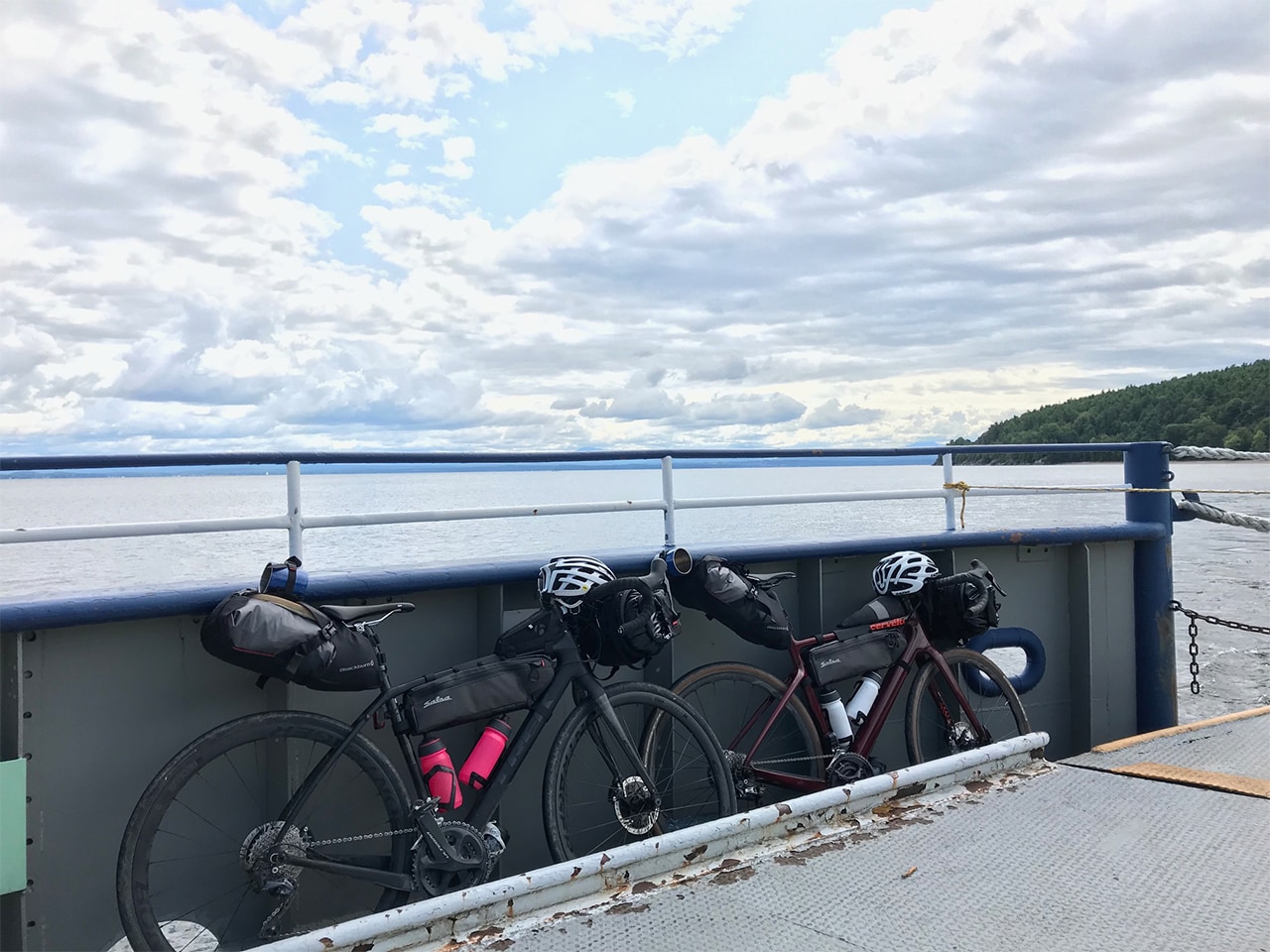 Bikepacking bikes on a boat 