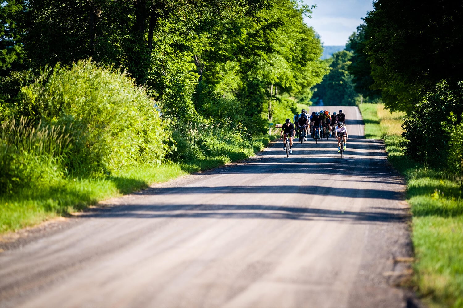 Group of gravel cyclist riding their Shimano GRX bikes down a dirt road