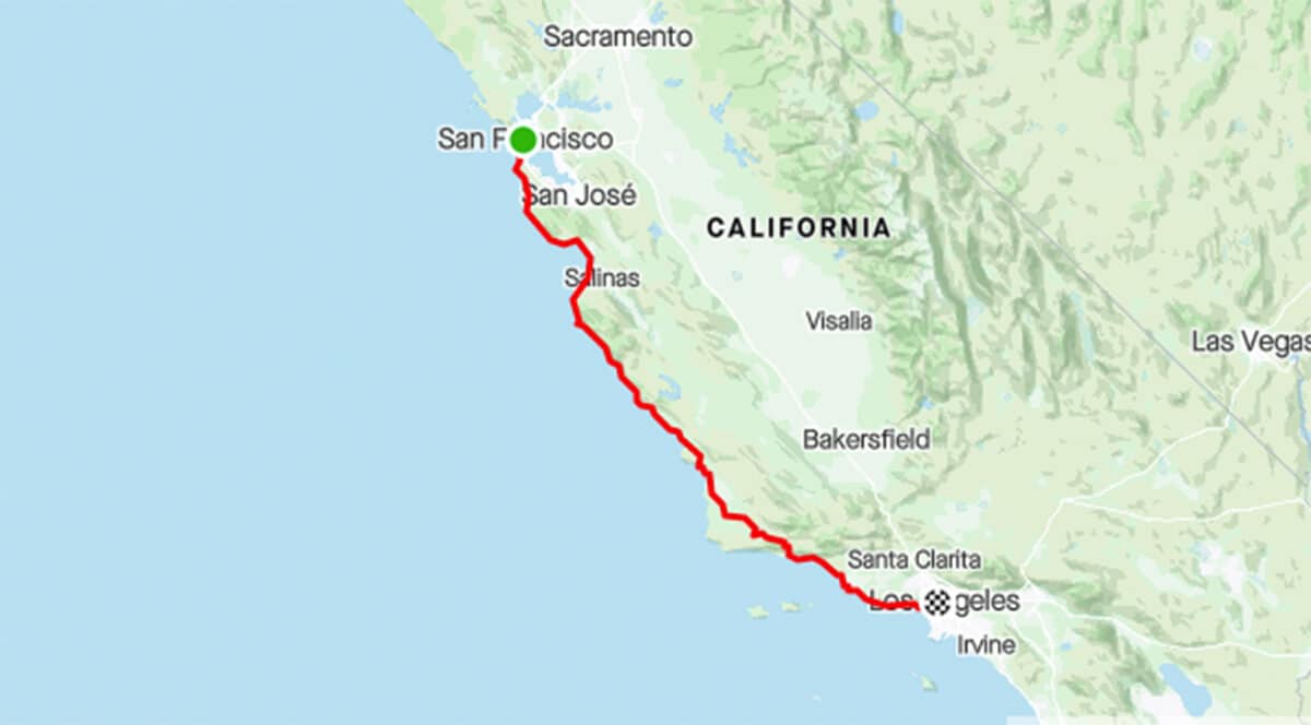 Mapped cycling route from San Fransisco to Los Angeles 